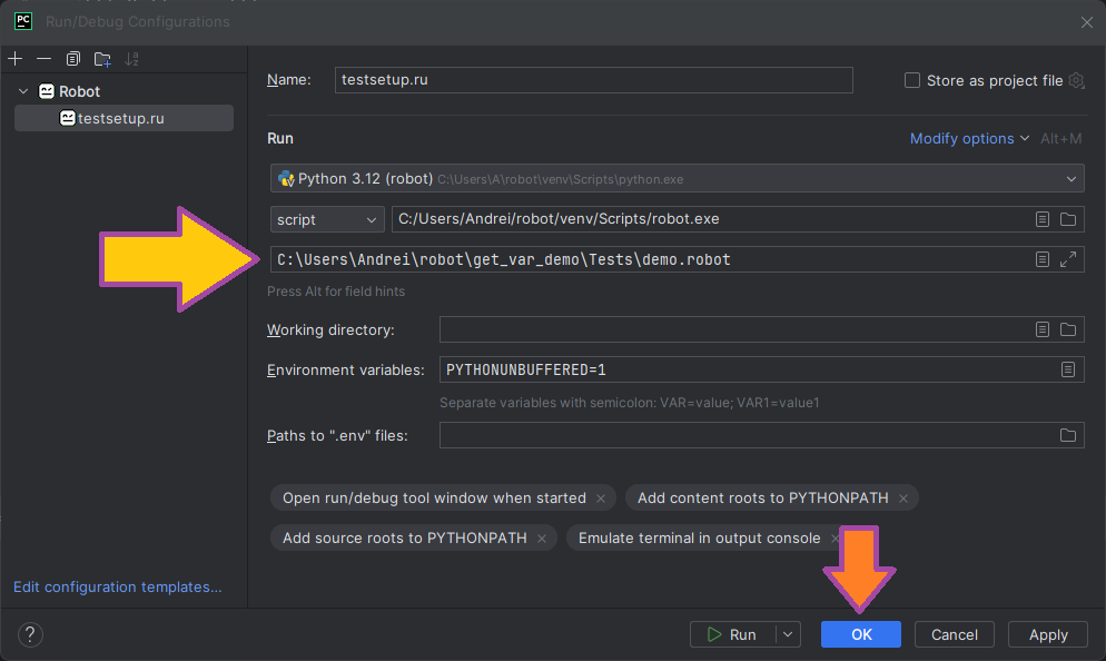Setting up PyCharm's launch configuration for Robot Robot Framework Support in PyCharm image from website www.aredel.com image from www.aredel.com