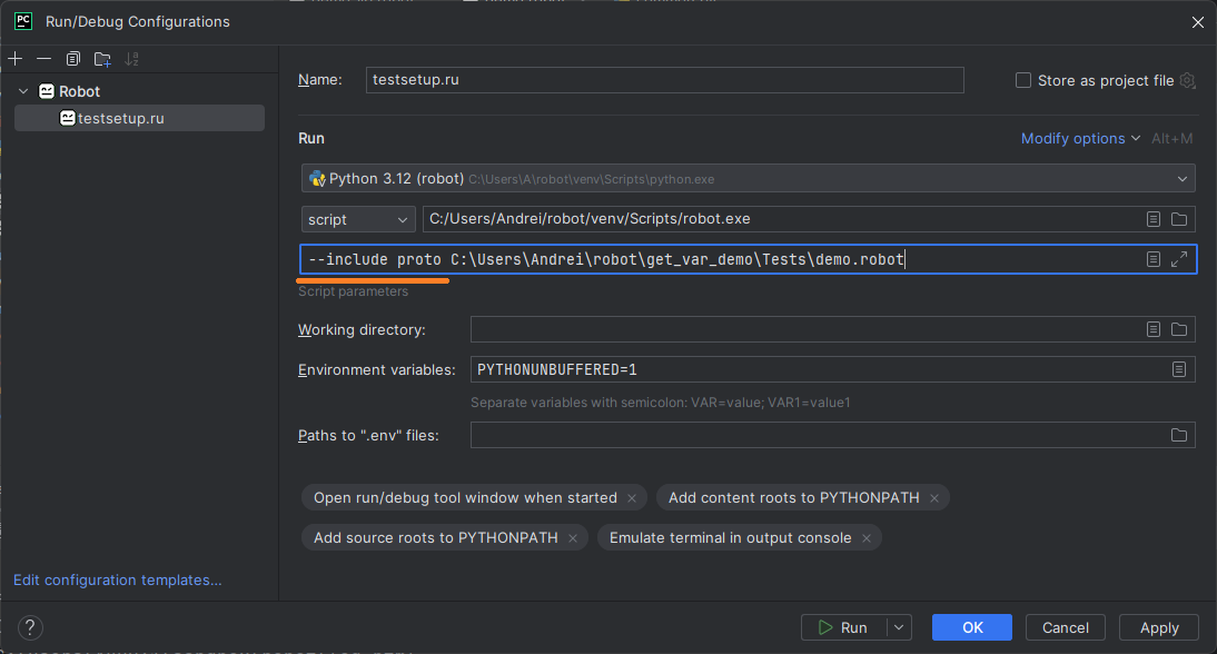 robot --include proto в PyCharm Robot Framework Support in PyCharm image from website www.aredel.com