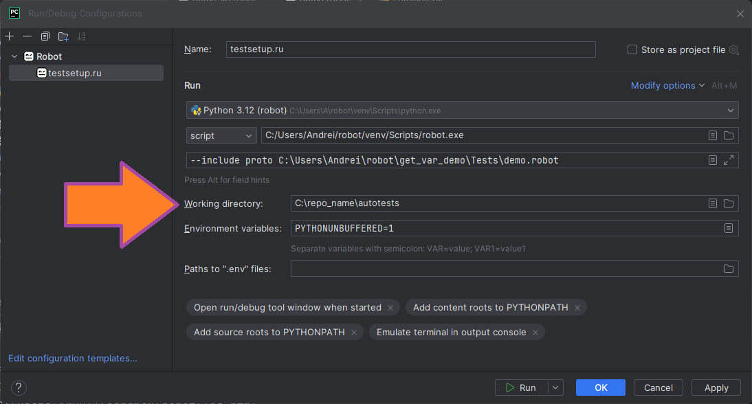 Working directory в PyCharm Robot Framework Support in PyCharm image from website www.aredel.com