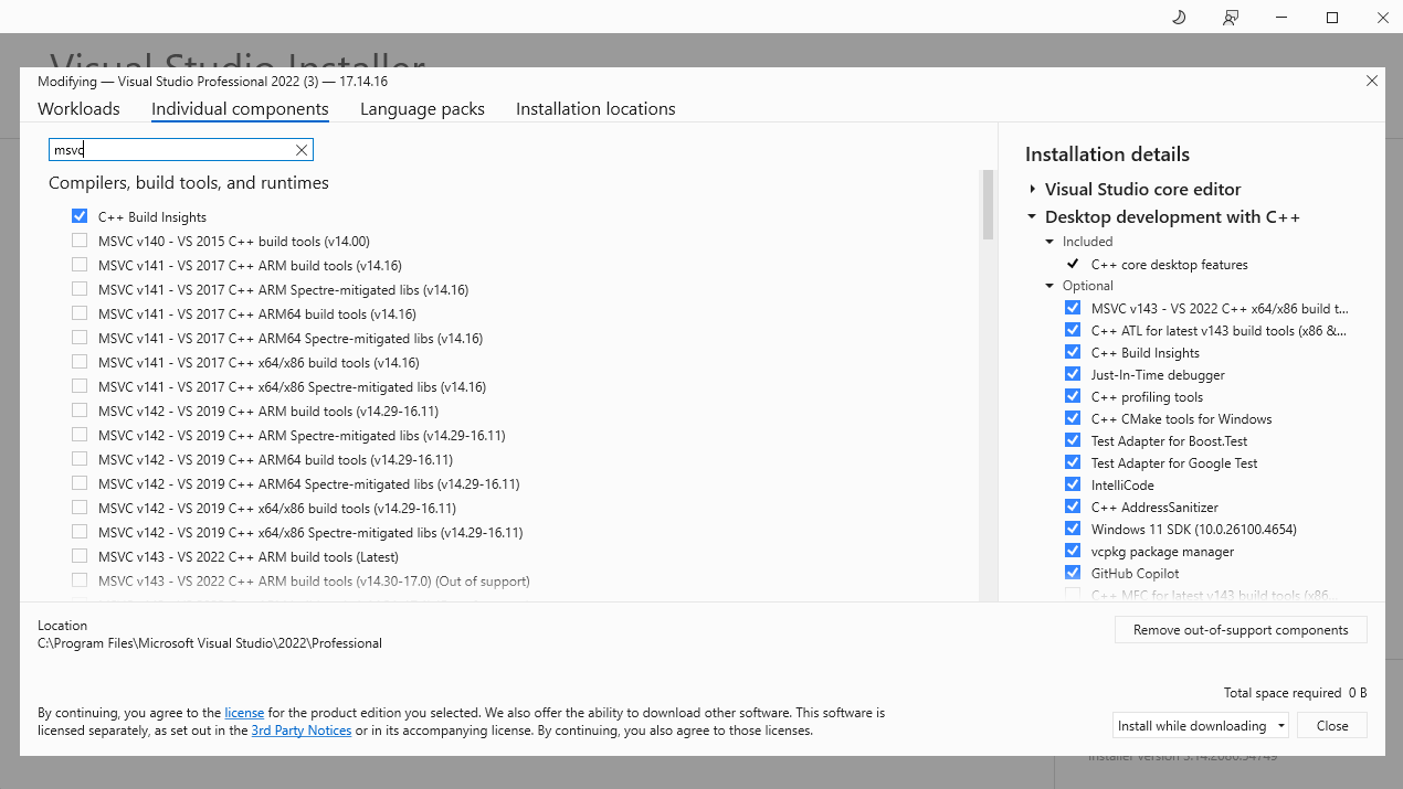 Установка индивидуальных компонентов в Visual Studio 2022 изображение с сайта www.testsetup.ru