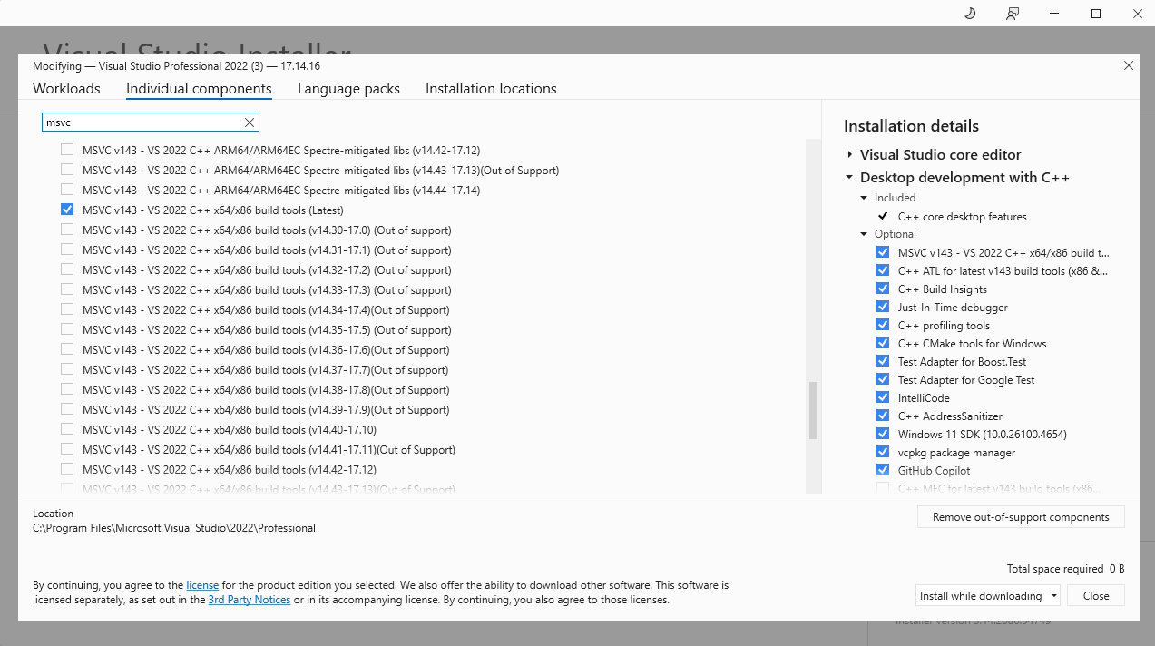 Установка индивидуальных компонентов в Visual Studio 2022 изображение с сайта www.testsetup.ru