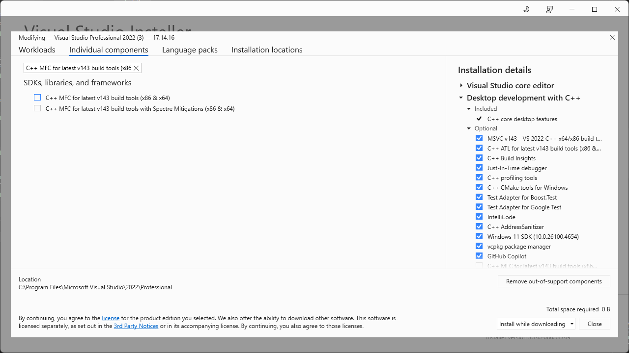 Установка индивидуальных компонентов в Visual Studio 2022 изображение с сайта www.testsetup.ru