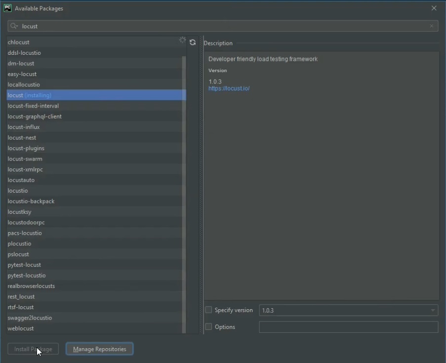 Установка модуля locust в PyCharm изображение с сайта www.andreyolegovich.ru